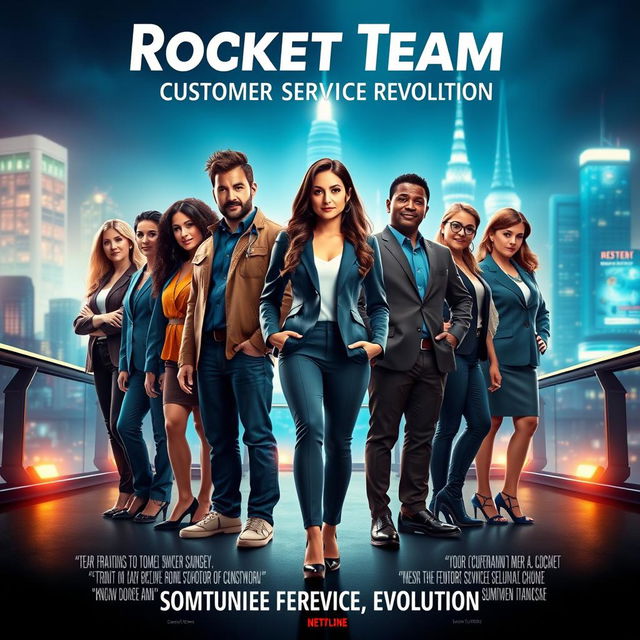 A movie poster featuring the Rocket Team from the customer service department, depicted as a vibrant and dynamic team of professionals