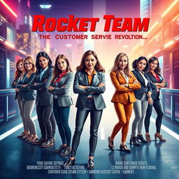 A movie poster featuring the Rocket Team from the customer service department, depicted as a vibrant and dynamic team of professionals