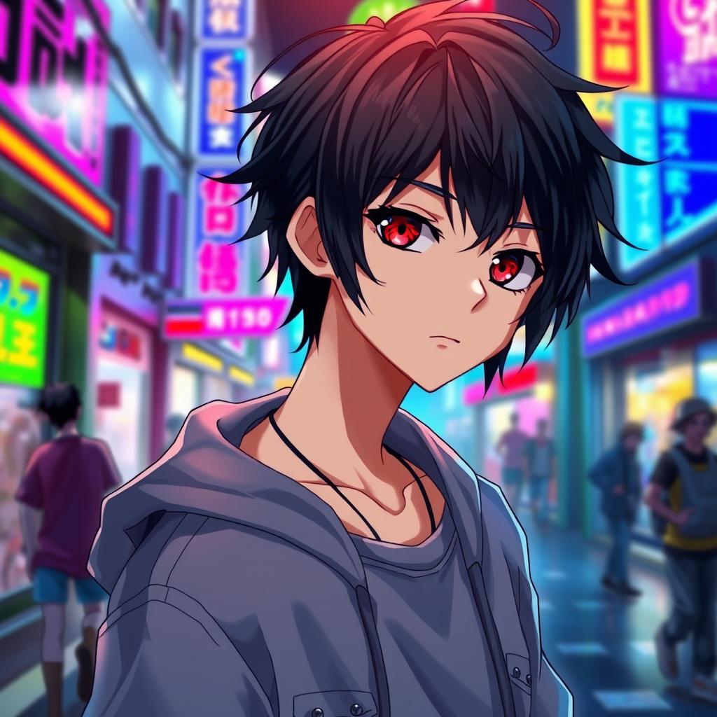 A striking anime boy with black hair and captivating heterochromia, showcasing one eye in a deep, rich black and the other eye in a vivid, bright red