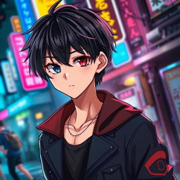 A striking anime boy with black hair and captivating heterochromia, showcasing one eye in a deep, rich black and the other eye in a vivid, bright red