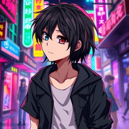 A striking anime boy with black hair and captivating heterochromia, showcasing one eye in a deep, rich black and the other eye in a vivid, bright red