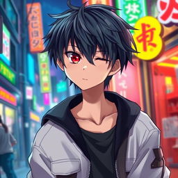 A striking anime boy with black hair and captivating heterochromia, showcasing one eye in a deep, rich black and the other eye in a vivid, bright red