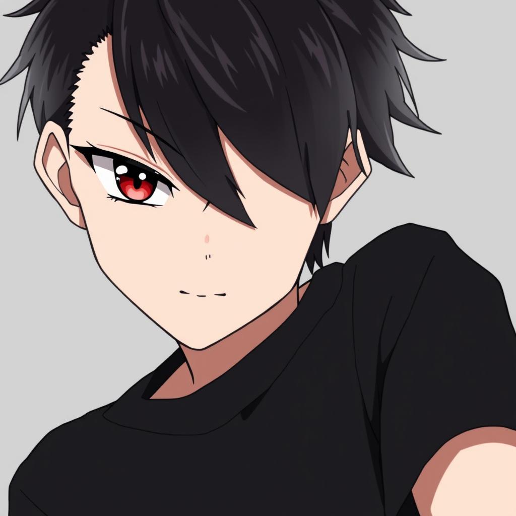 A striking anime boy with black hair and heterochromia, featuring one black eye and one red eye