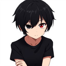 A striking anime boy with black hair and heterochromia, featuring one black eye and one red eye