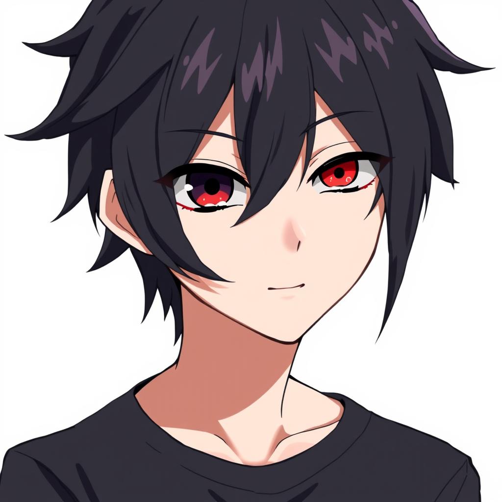 A striking anime boy with black hair and heterochromia, featuring one black eye and one red eye