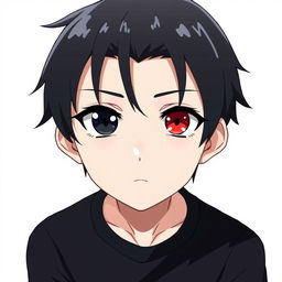 A striking anime boy with black hair and heterochromia, featuring one black eye and one red eye