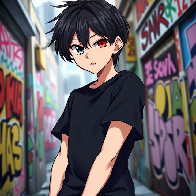 A striking anime boy with sleek black hair and unique heterochromia, featuring one deep black eye and one vibrant red eye