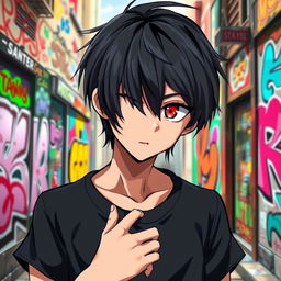 A striking anime boy with sleek black hair and unique heterochromia, featuring one deep black eye and one vibrant red eye