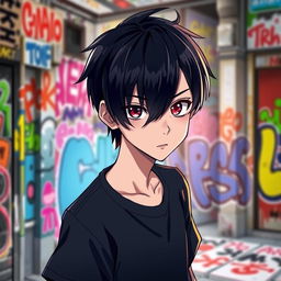 A striking anime boy with sleek black hair and unique heterochromia, featuring one deep black eye and one vibrant red eye