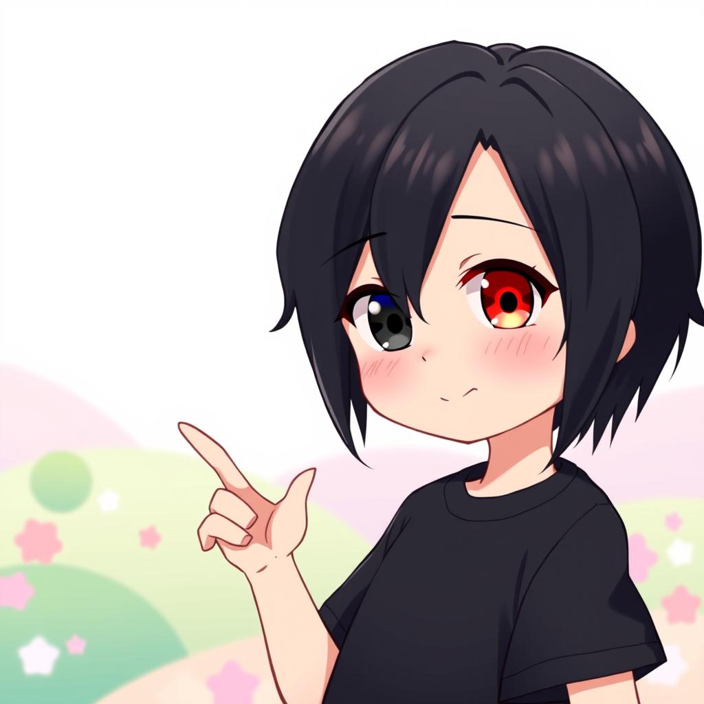 A cute anime boy with sleek black hair and unique heterochromia, featuring one deep black eye and one bright red eye