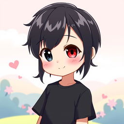 A cute anime boy with sleek black hair and unique heterochromia, featuring one deep black eye and one bright red eye