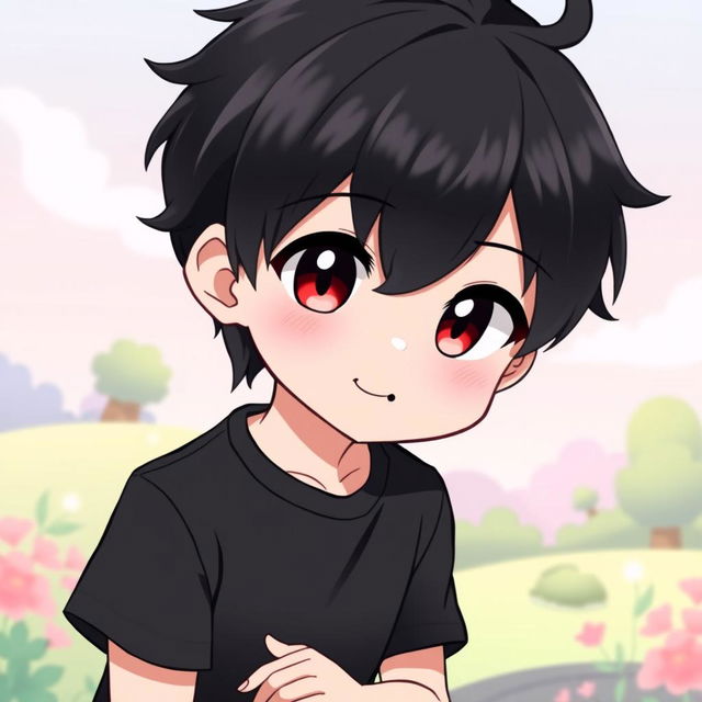 A cute anime boy with sleek black hair and unique heterochromia, featuring one deep black eye and one bright red eye