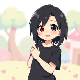 A cute anime boy with sleek black hair and unique heterochromia, featuring one deep black eye and one bright red eye