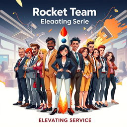 A movie poster showcasing the Rocket Team from the customer service department, creatively illustrated to embody their spirit and camaraderie