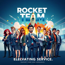 A movie poster showcasing the Rocket Team from the customer service department, creatively illustrated to embody their spirit and camaraderie