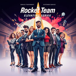 A movie poster showcasing the Rocket Team from the customer service department, creatively illustrated to embody their spirit and camaraderie