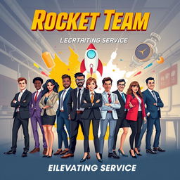 A movie poster showcasing the Rocket Team from the customer service department, creatively illustrated to embody their spirit and camaraderie