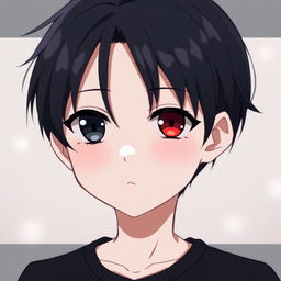 A cute anime boy with sleek black hair and striking heterochromia, showcasing one deep black eye and one vibrant red eye