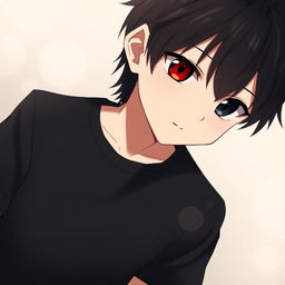 A cute anime boy with sleek black hair and striking heterochromia, showcasing one deep black eye and one vibrant red eye