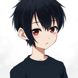 A cute anime boy with sleek black hair and striking heterochromia, showcasing one deep black eye and one vibrant red eye