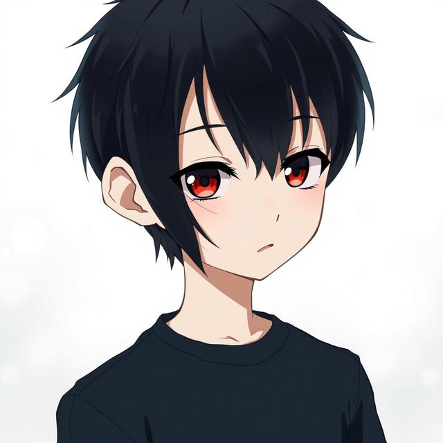 A cute anime boy with sleek black hair and striking heterochromia, showcasing one deep black eye and one vibrant red eye