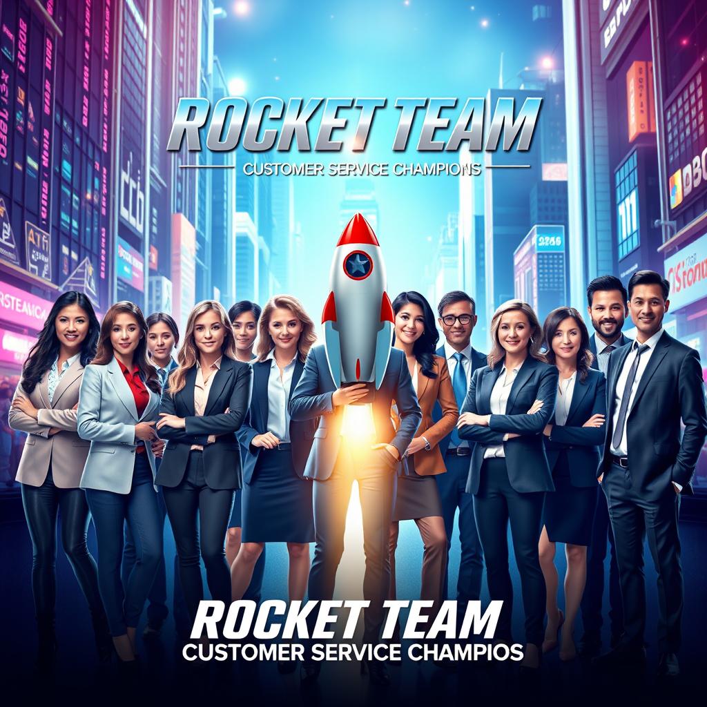 A dazzling movie poster portraying the Rocket Team from the customer service department, featuring 4 confident women and 10 dynamic men, all dressed in stylish modern business attire