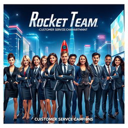 A dazzling movie poster portraying the Rocket Team from the customer service department, featuring 4 confident women and 10 dynamic men, all dressed in stylish modern business attire