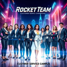 A dazzling movie poster portraying the Rocket Team from the customer service department, featuring 4 confident women and 10 dynamic men, all dressed in stylish modern business attire