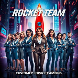 A dazzling movie poster portraying the Rocket Team from the customer service department, featuring 4 confident women and 10 dynamic men, all dressed in stylish modern business attire