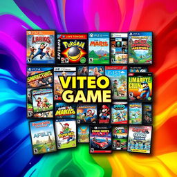 A vibrant and colorful video game cover featuring various iconic video game covers arranged artistically