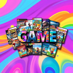 A vibrant and colorful video game cover featuring various iconic video game covers arranged artistically