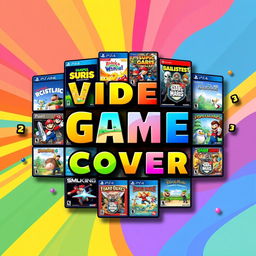 A vibrant and colorful video game cover featuring various iconic video game covers arranged artistically