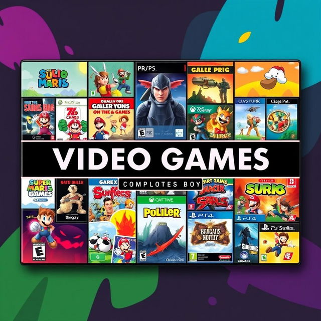 A vibrant and colorful video game cover featuring various iconic video game covers arranged artistically