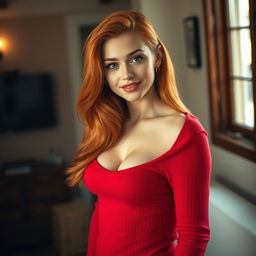 A 20-year-old woman with long, flowing red hair styled beautifully, wearing a snug red sweater that accentuates her curves and subtly reveals her cleavage