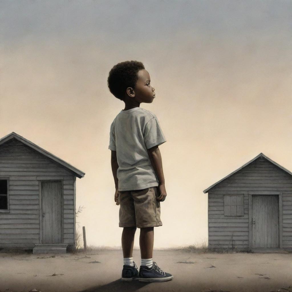 A poignant illustration of an African American child standing alone, his expressions conveying poignant feelings of separation from his mother, against a stark, meaningful backdrop.