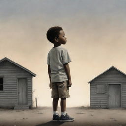 A poignant illustration of an African American child standing alone, his expressions conveying poignant feelings of separation from his mother, against a stark, meaningful backdrop.