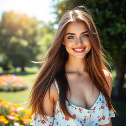 A stunningly attractive young woman with long flowing brunette hair, captivating blue eyes, and a radiant smile, dressed in a stylish summer outfit