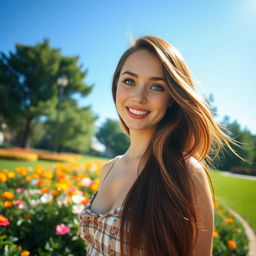 A stunningly attractive young woman with long flowing brunette hair, captivating blue eyes, and a radiant smile, dressed in a stylish summer outfit