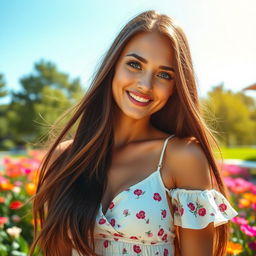 A stunningly attractive young woman with long flowing brunette hair, captivating blue eyes, and a radiant smile, dressed in a stylish summer outfit