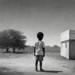 A poignant illustration of an African American child standing alone, his expressions conveying poignant feelings of separation from his mother, against a stark, meaningful backdrop.