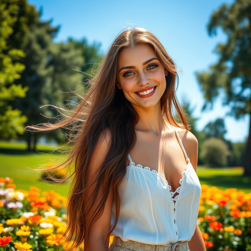 A stunningly attractive young woman with long flowing brunette hair, captivating blue eyes, and a radiant smile, dressed in a stylish summer outfit