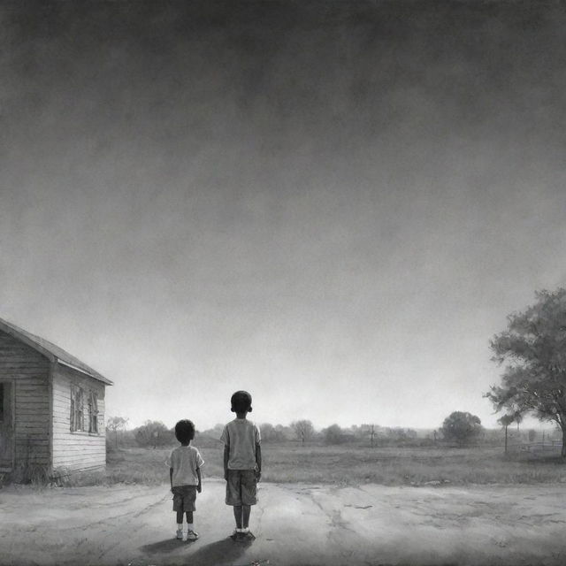 A poignant illustration of an African American child standing alone, his expressions conveying poignant feelings of separation from his mother, against a stark, meaningful backdrop.