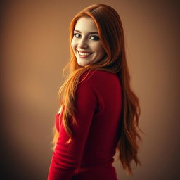 A beautiful 20-year-old woman with long, flowing red hair cascading down her back