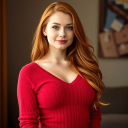 A beautiful 20-year-old woman with long, flowing red hair stands confidently