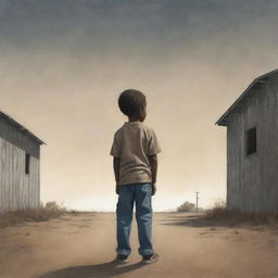 A poignant illustration of an African American child standing alone, his expressions conveying poignant feelings of separation from his mother, against a stark, meaningful backdrop.