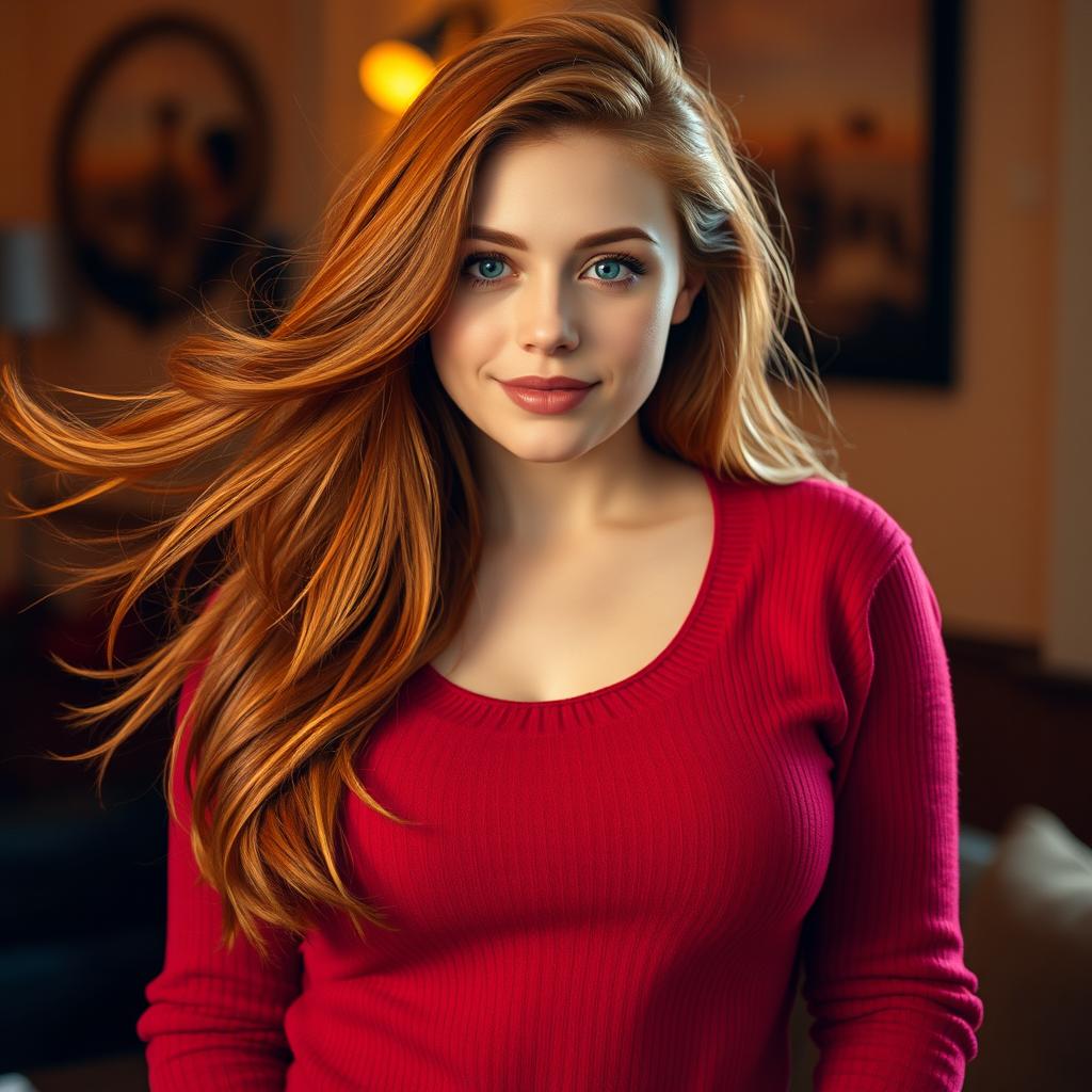 A 20-year-old woman with flowing long red hair, styled beautifully