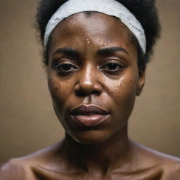 A powerful portrait of an African American woman, tears streaming down her face, mirroring a deep heartache that moves audiences deeply.