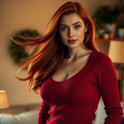 A 20-year-old woman with flowing long red hair, styled beautifully