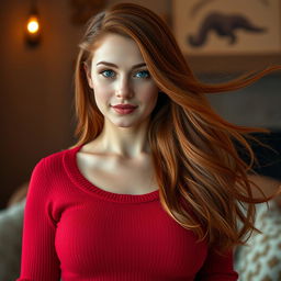 A 20-year-old woman with flowing long red hair, styled beautifully