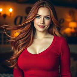 A 20-year-old woman with flowing long red hair, styled beautifully